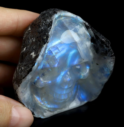 2.2" Black Tourmaline and Moonstone Hand Carved Crystal Skull Fine Art Sculpture, Crystal Healing