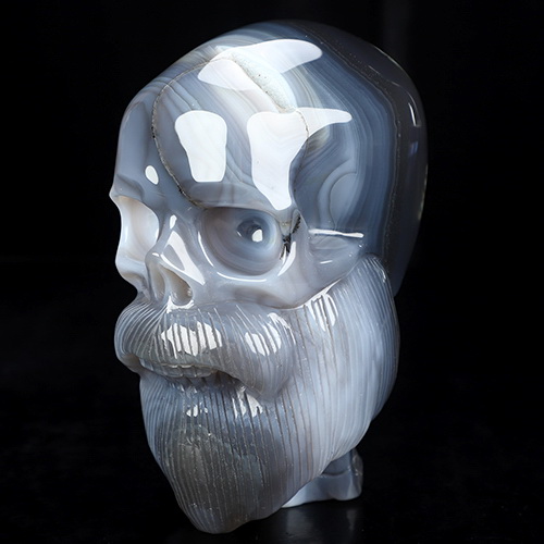 Bearded Skull - 6.1" Gray & White Agate Hand Carved Crystal Skull Fine Art Sculpture, Crystal Healing