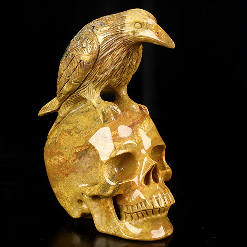 6.5" Indian Agate Hand Carved Crystal Skull and Raven Sculpture, Crystal Healing