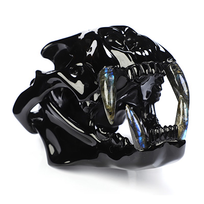 8.3" Black Obsidian Hand Carved Crystal Smilodon SABER-TOOTHED Tiger/Cat Skull and Labradorite Tooth Sculpture