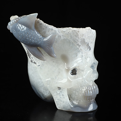 5.9" Agate Geode Hand Carved Crystal Skull and Fish Fine Art Sculpture, Crystal Healing