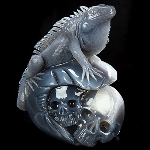 Aug 6, 2026 ACSAD (A Crystal Skull a Day) - Relic of Breath - 7.0" Carved Agate Geode Iguana/Lizard And Crystal Skull Fine Art Sculpture, Crystal Healing