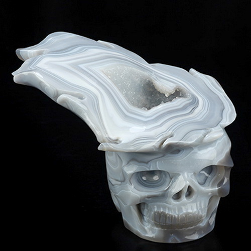 6.1" Banded Agate Geode Hand Carved Crystal Skull Fine Art Sculpture, Crystal Healing
