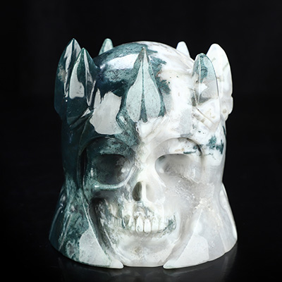 4.6" Green Moss Agate Hand Carved The King Crystal Skull Sculpture, Crystal Healing