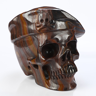 5.5" Tiger Iron Eye Hand Carved Beret Crystal Skull Sculpture, Crystal Healing