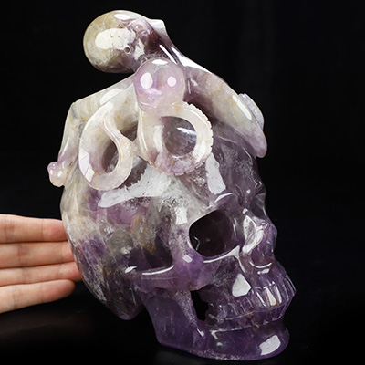 7.2" Amethyst Hand Carved Crystal Skull and Octopus Fine Art Sculpture, Crystal Healing