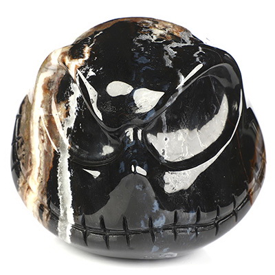 3.9" Black Zebra Agate Hand Carved Jack Crystal Skull Sculpture, Crystal Healing