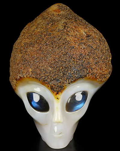 5.7" Agate Star Being Female Alien Crystal Skull Companion With Labradorite Eyes, Hand Carved Gemstone Fine Art Sculpture, Reiki Healing Stone Statue