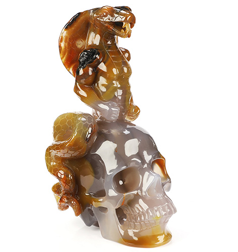 June 25, 2026 ACSAD (A Crystal Skull a Day) - The Last Naga - 8.3" Premium Brazilian Agate Carved Serpent Deity With Crystal Skull Fine Art Sculpture, Crystal Healing