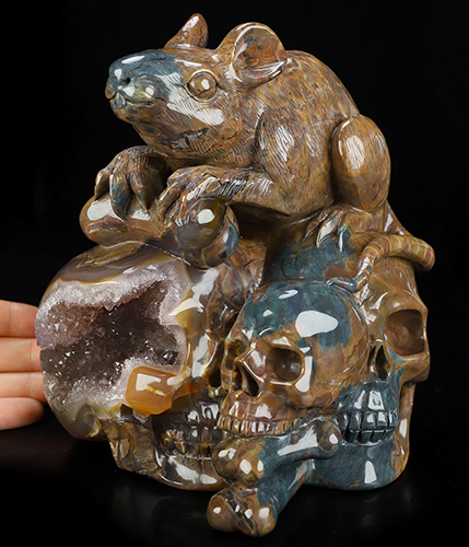 July 12, 2026 ACSAD (A Crystal Skull a Day) - The Bone Keeper - Carved 6.4" Dinosaur Egg Agate Crystal Skull and Mouse Fine Art Sculpture, Crystal Healing