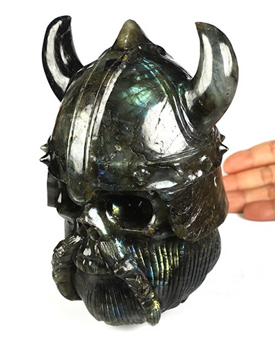 Viking Skull - 6.9" Labradorite Hand Carved Crystal Skull Fine Art Sculpture, Crystal Healing