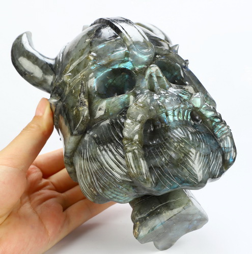 Viking Skull - 6.9" Labradorite Hand Carved Crystal Skull Fine Art Sculpture, Crystal Healing