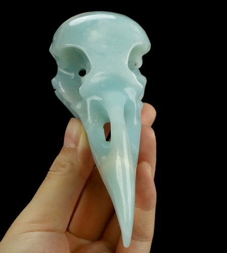 4.8" Chinese Amazonite Hand Carved Raven Crystal Skull Sculpture, Crystal Healing