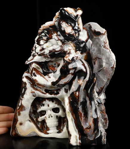 8.7" Black Zebra Agate Hand Carved Crystal Skull and Owl Fine Art Sculpture, Crystal Healing