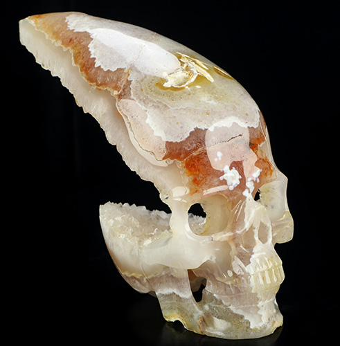July 6, 2026 ACSAD (A Crystal Skull a Day) - Where Spring Dreams - 9.1" Carved Druzy Sakura Agate Geode Crystal Skull Fine Art Sculpture, Crystal Healing