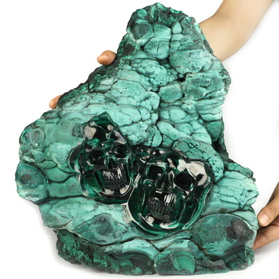 July 30, 2026 ACSAD (A Crystal Skull a Day) - The Twin Shadows of Cocytus - Gemstone 13.9" Malachite Carved Crystal Skull Fine Art Sculpture, Crystal Healing