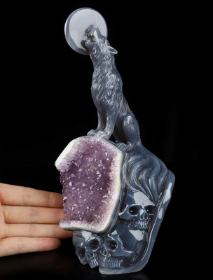 Aug 4, 2026 ACSAD (A Crystal Skull a Day) - Song to the Moon - 8.4" Carved Agate Amethyst Druse Wolf & Moon & Crystal Skull Fine Art Sculpture, Crystal Healing