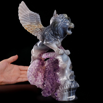 June 21, 2026 ACSAD (A Crystal Skull a Day) - The Lion Beyond Time - 9.8" Carved Agate Amethyst Geode Skull with Winged Lion Sculpture, Crystal Healing