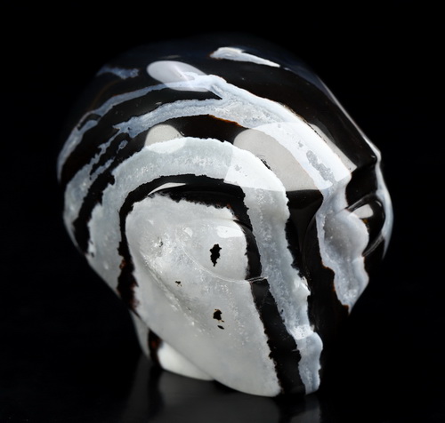 1.9" Black Zebra Agate Star Being Female Alien Crystal Skull Companion, Hand Carved Gemstone Fine Art Sculpture, Reiki Healing Stone Statue