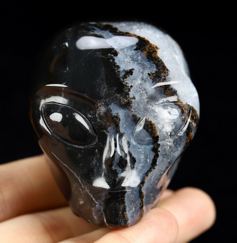 1.9" Black Zebra Agate Star Being Female Alien Crystal Skull Companion, Hand Carved Gemstone Fine Art Sculpture, Reiki Healing Stone Statue