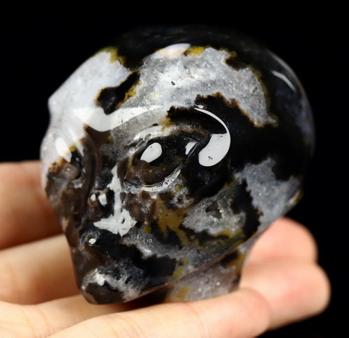 1.9" Black Zebra Agate Star Being Female Alien Crystal Skull Companion, Hand Carved Gemstone Fine Art Sculpture, Reiki Healing Stone Statue