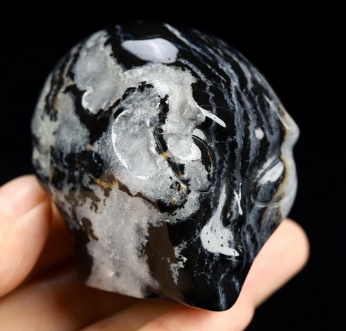 1.9" Black Zebra Agate Star Being Female Alien Crystal Skull Companion, Hand Carved Gemstone Fine Art Sculpture, Reiki Healing Stone Statue