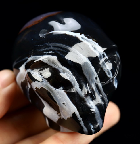 1.9" Black Zebra Agate Star Being Female Alien Crystal Skull Companion, Hand Carved Gemstone Fine Art Sculpture, Reiki Healing Stone Statue