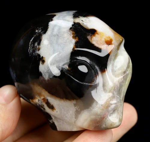1.9" Black Zebra Agate Star Being Female Alien Crystal Skull Companion, Hand Carved Gemstone Fine Art Sculpture, Reiki Healing Stone Statue