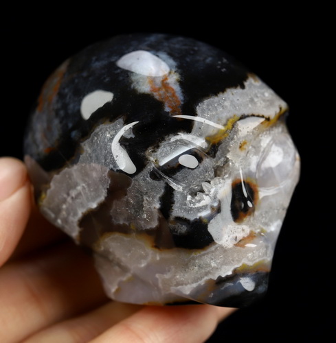 1.9" Black Zebra Agate Star Being Female Alien Crystal Skull Companion, Hand Carved Gemstone Fine Art Sculpture, Reiki Healing Stone Statue