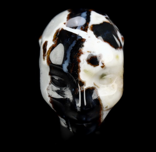 1.8" Black Zebra Agate Hand Carved Fairy Elf Alien Crystal Skull Companion Sculpture, Crystal Healing