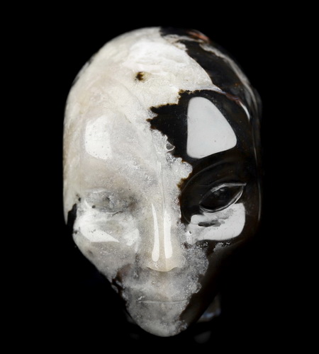 1.8" Black Zebra Agate Hand Carved Fairy Elf Alien Crystal Skull Companion Sculpture, Crystal Healing