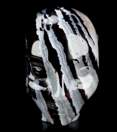 1.8" Black Zebra Agate Hand Carved Fairy Elf Alien Crystal Skull Companion Sculpture, Crystal Healing
