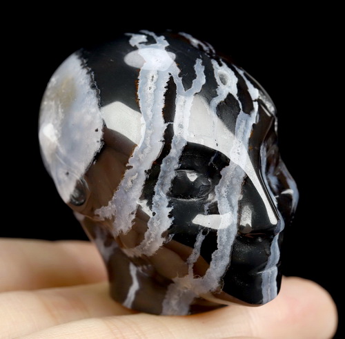 1.8" Black Zebra Agate Hand Carved Fairy Elf Alien Crystal Skull Companion Sculpture, Crystal Healing