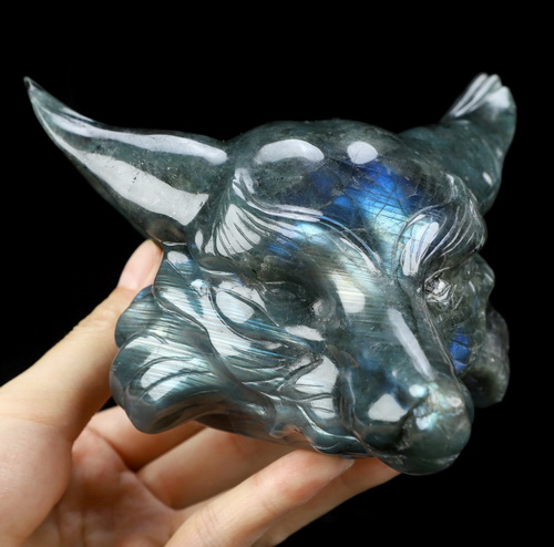 5.1" Labradorite Hand Carved Crystal Fox Fine Art Sculpture, Crystal Healing
