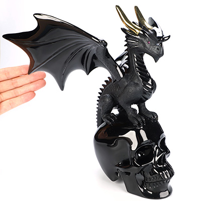 9.4" Black Obsidian Hand Carved Crystal Skull and Dragon, Detachable Wings, Fine Art Sculpture, Crystal Healing