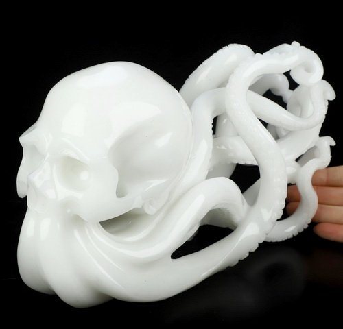 10.2" White Jade Hand Carved Nautiloid Cthulhu Octopus Crystal Skull Sculpture, Crystal Healing