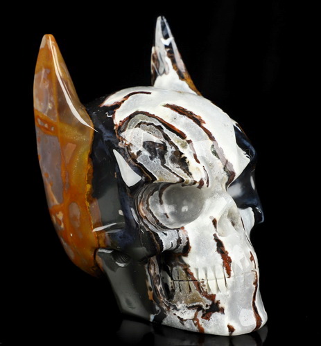 5.0" Black Zebra Agate Hand Carved Batman Crystal Skull Fine Art Sculpture, Crystal Healing