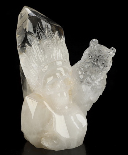 6.4" Quartz Rock Crystal Hand Carved Indian Crystal Skull and Owl Sculpture, Crystal Healing