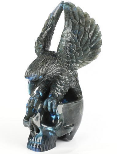 9.5" Flash Labradorite Hand Carved Crystal Skull and Eagle Fine Art Sculpture, Crystal Healing