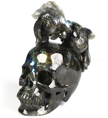 July 21, 2026 ACSAD (A Crystal Skull a Day) - Where Moonlight Swims - 8.6" Labradorite Carved Goldfish And Crystal Skull Fine Art Sculpture, Crystal Healing