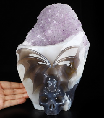 July 24, 2026 ACSAD (A Crystal Skull a Day) - Moonlit Embrace of Transylvania - 9.4" Agate Amethyst Geode Carved Bat And Crystal Skull Fine Art Sculpture, Crystal Healing