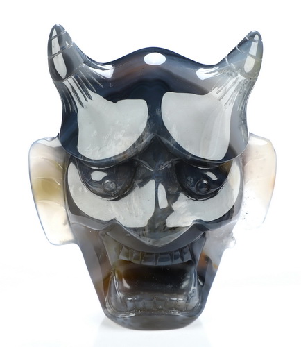 Hannya Mask - 4.3" Premium Brazilian Agate Hand Carved Crystal Fine Art Sculpture