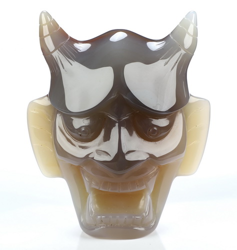 Hannya Mask - 4.3" Premium Brazilian Agate Hand Carved Crystal Fine Art Sculpture