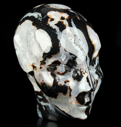 4.0" Black Zebra Agate Hand Carved Fairy Elf Alien Crystal Skull Companion Sculpture, Crystal Healing