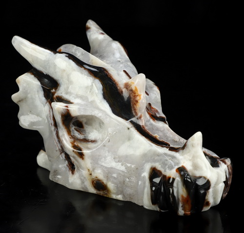 5.1" Black Zebra Agate Hand Carved Crystal Dragon Skull Sculpture, Crystal Healing