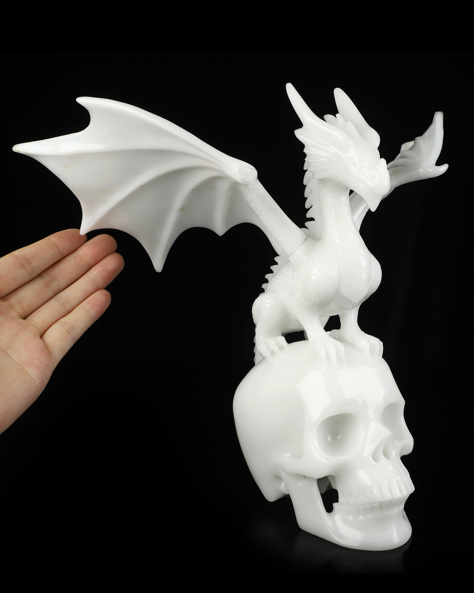 10.8" White Jade Hand Carved Crystal Skull and Dragon with Detachable Wings Fine Art Sculpture, Crystal Healing
