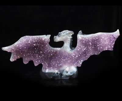 July 20, 2026 ACSAD (A Crystal Skull a Day) - Shadow & Starlight - 9.2" Carved Agate Amethyst Geode Dragon And Crystal Skull Fine Art Sculpture, Crystal Healing