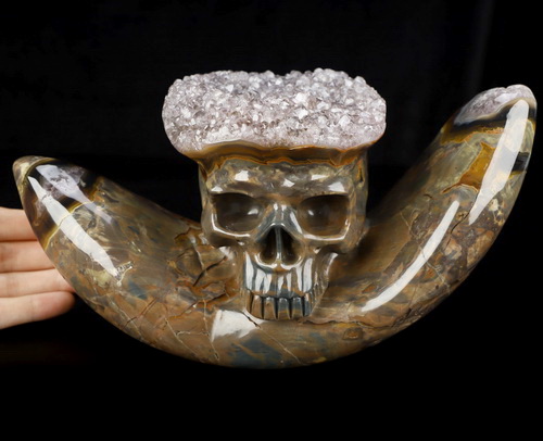 9.4" Dinosaur Egg Agate Hand Carved Crystal Skull Fine Art Sculpture, Crystal Healing
