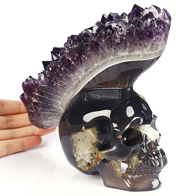 Aug 7, 2026 ACSAD (A Crystal Skull a Day) - Mohawk of the Void - 6.4" Agate Amethyst Druse Hand Carved Punk Crystal Skull Sculpture, Crystal Healing