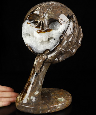 July 28, 2026 ACSAD (A Crystal Skull a Day) - JJJ – Jordan, James, Jabbar - 9.6" Carved Dinosaur Egg Agate Ball And Crystal Skull Fine Art Sculpture, Crystal Healing